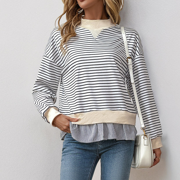 Damen gestreifter Sweatshirt mit Layering-Effekt und Rundhalsausschnitt WW