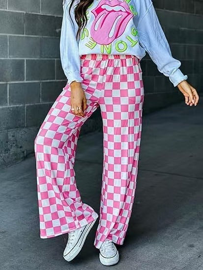 Damen Karierte Palazzo-Hose mit elastischem Bund und praktischen Seitentaschen WW