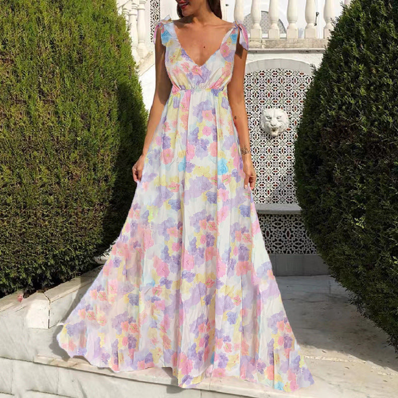 WW | Bedrucktes Langarmloses Spaghettiträgerkleid mit großem Saum