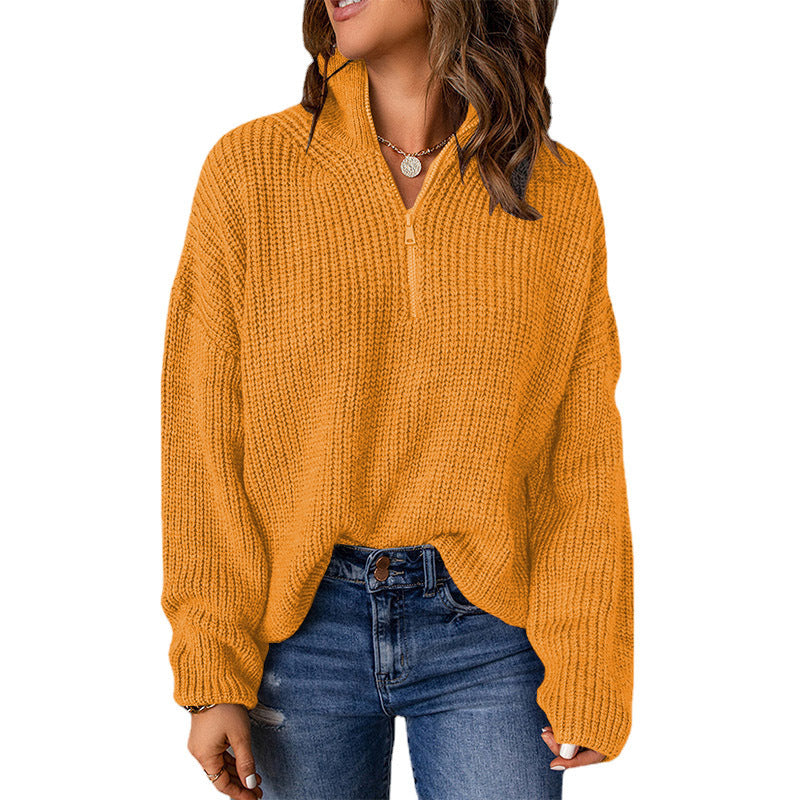 Damen Grober Strickpullover mit Stehkragen und Reißverschluss WW