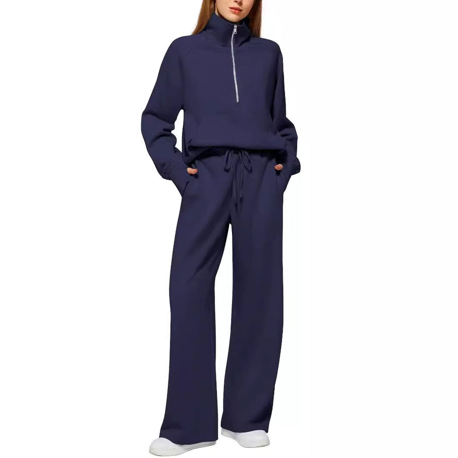 Damen Sportliches Loungewear-Set mit hohem Kragen und weiten Beinen WW