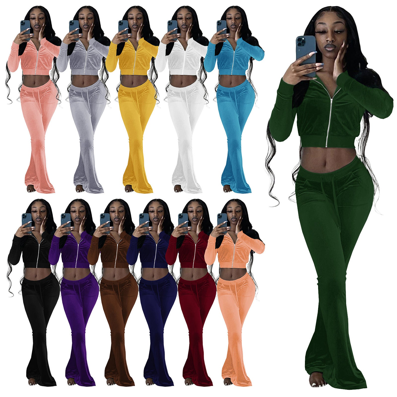 Damen Velours Tracksuit mit Zip-Front und weit geschnittener Hose WW