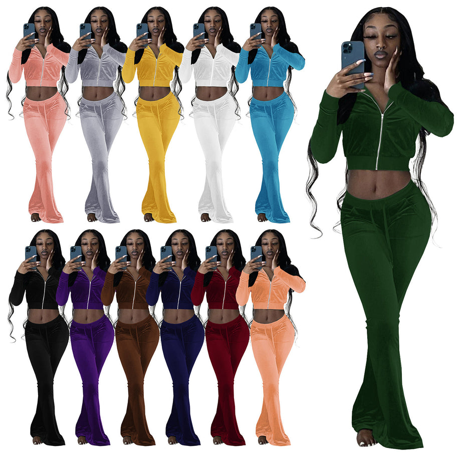 Damen Velours Tracksuit mit Zip-Front und weit geschnittener Hose WW