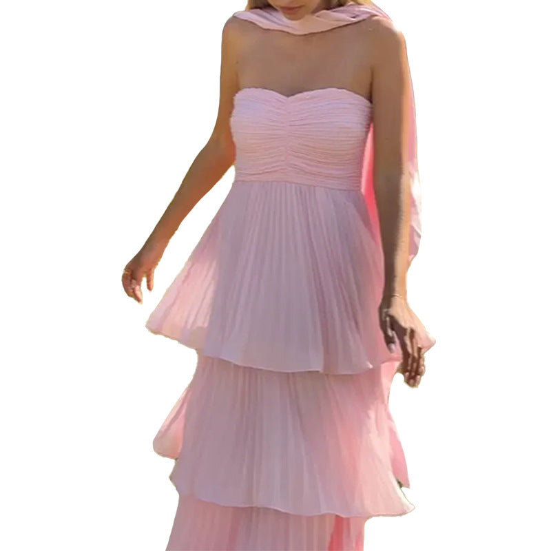Damen Bodenlanges Rüschen-Maxikleid mit schulterfreiem Schnitt und fließendem Material WW