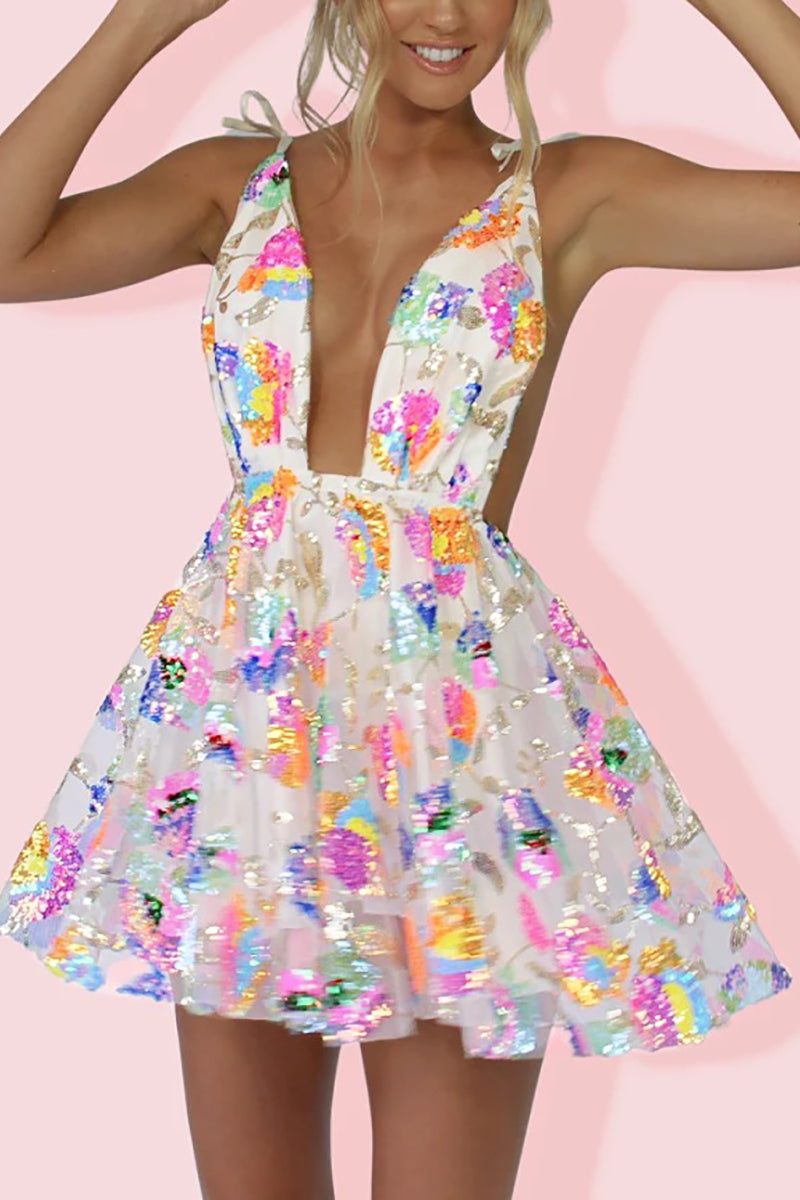 WW | Regenbogen Pailletten Offene Rücken Slip Mini Kleid