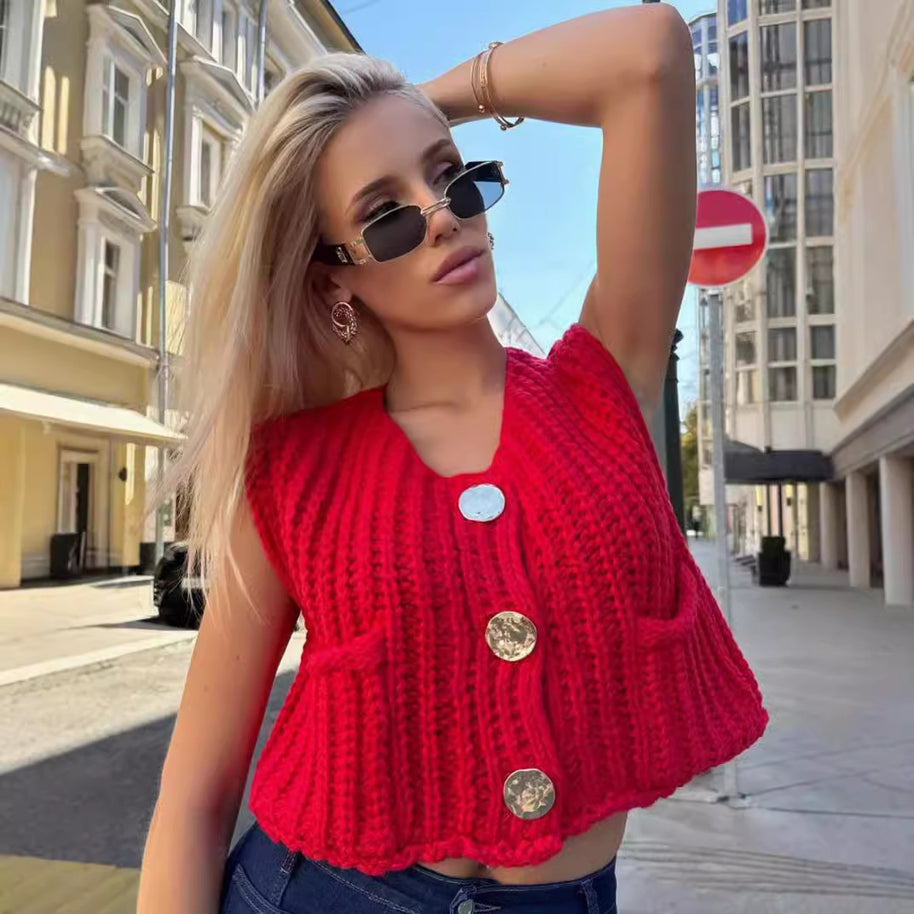 Damen Strickweste mit praktischen Taschen und dekorativen Knöpfen WW