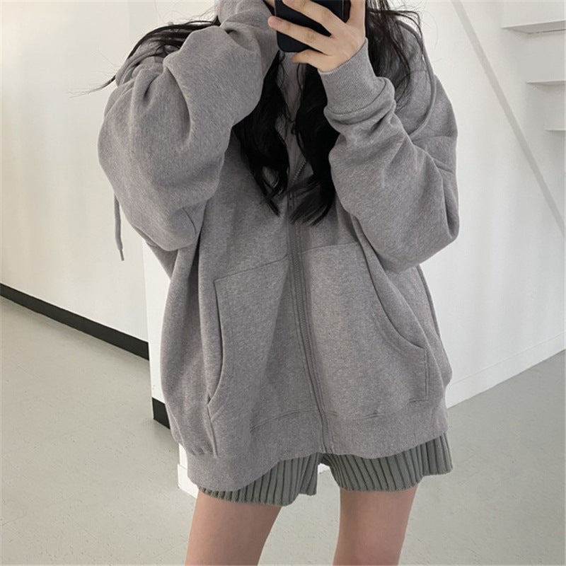 WOLF Zip-up Oversized Solid Pocket Hooded Langarm Lose Baseball Jacke