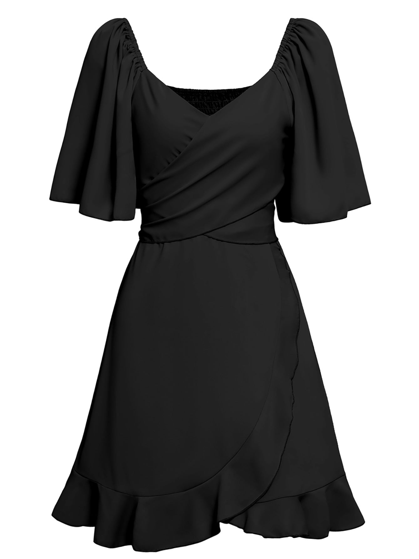 WW | Lässiges Kreuz V-Ausschnitt Kurzarm Wickel Einfarbig Mini Kleid