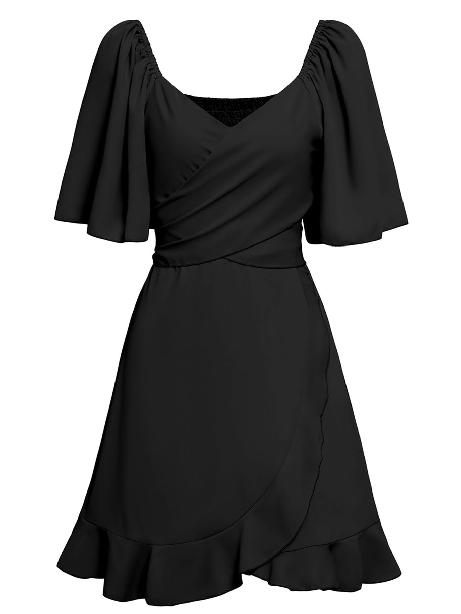 WW | Lässiges Kreuz V-Ausschnitt Kurzarm Wickel Einfarbig Mini Kleid