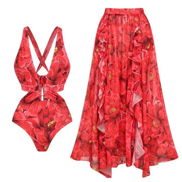 Damen Badeanzug und Maxi-Rock-Set mit floralen Akzenten und eleganten Rüschendetails WW