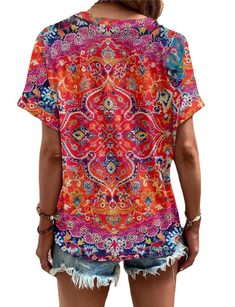 Damen Kurzarm Bluse mit dekorativem Musterdruck und knöpfbarem Ausschnitt WW