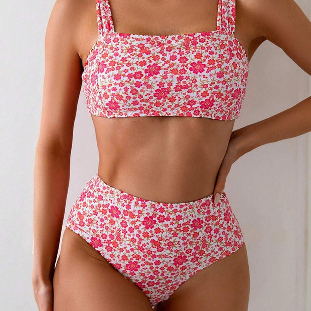 WW | Damen Hoch tailliertes Bikini-Set mit floralen Mustern und breiten Trägern