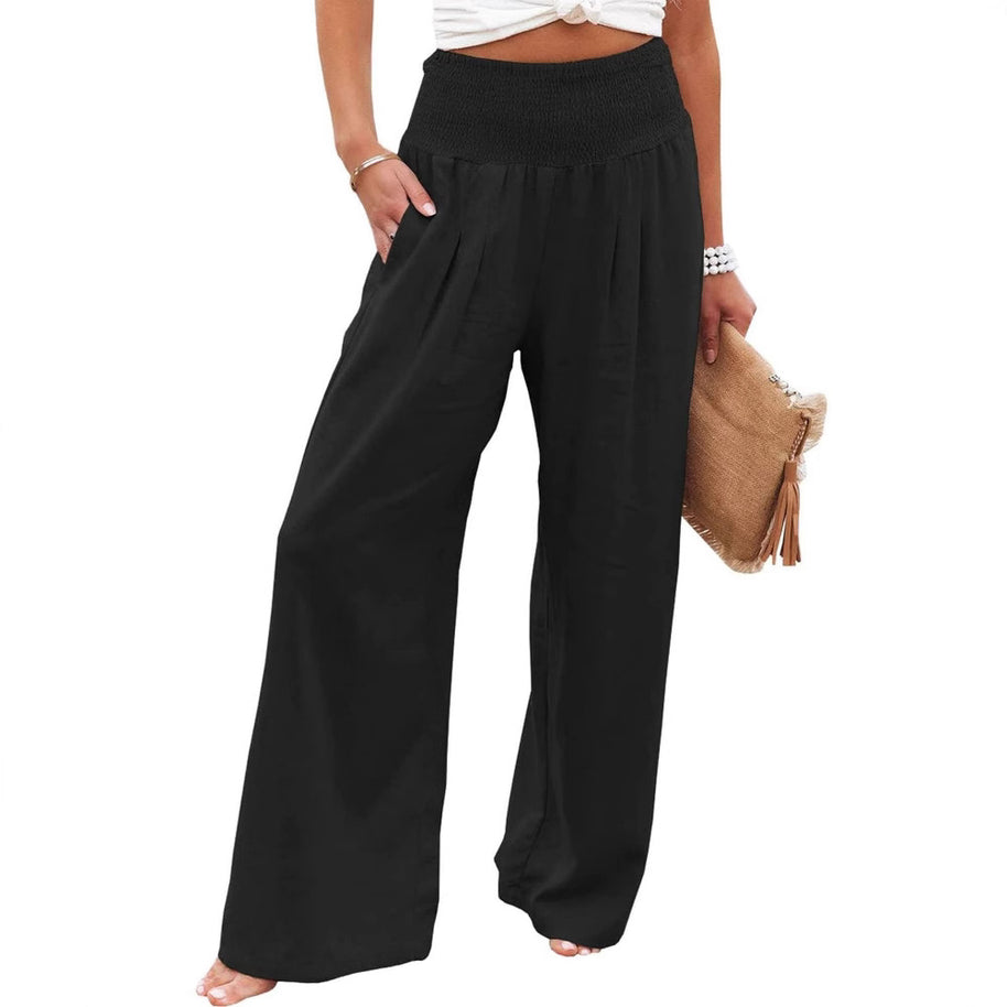 Damen Weite Leinenhose mit elastischem Bund und Falten WW