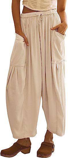 Damen bequeme Palazzo-Hose mit elastischem Bündchen und seitlichen Taschen WW