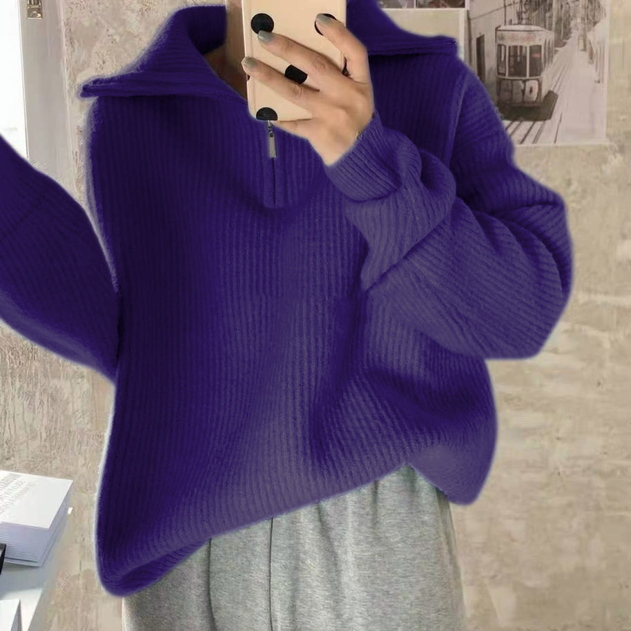 Gestreifter Turtleneck Damenpullover mit Reißverschluss