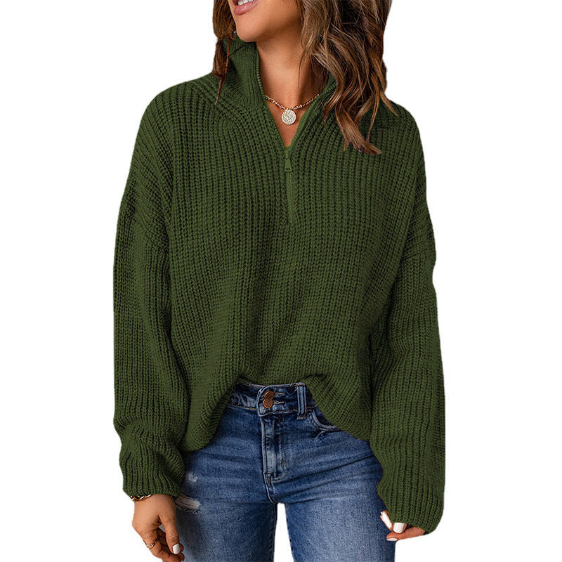 Damen Grober Strickpullover mit Stehkragen und Reißverschluss WW
