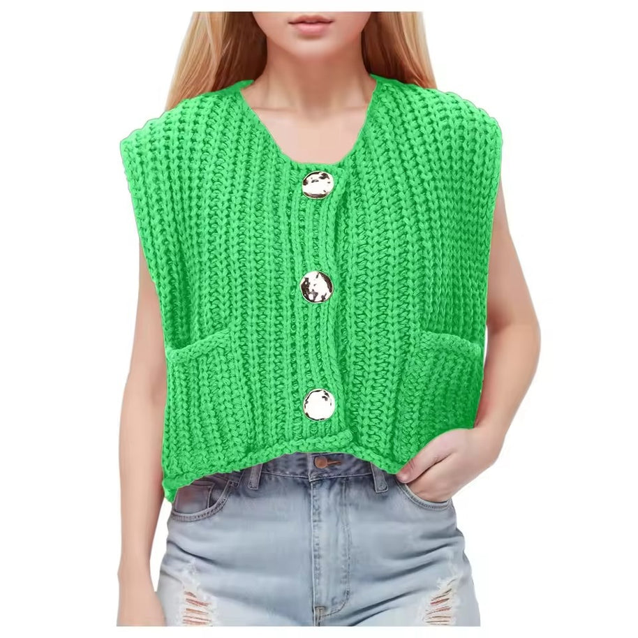 Damen Strickweste mit praktischen Taschen und dekorativen Holzknöpfen WW