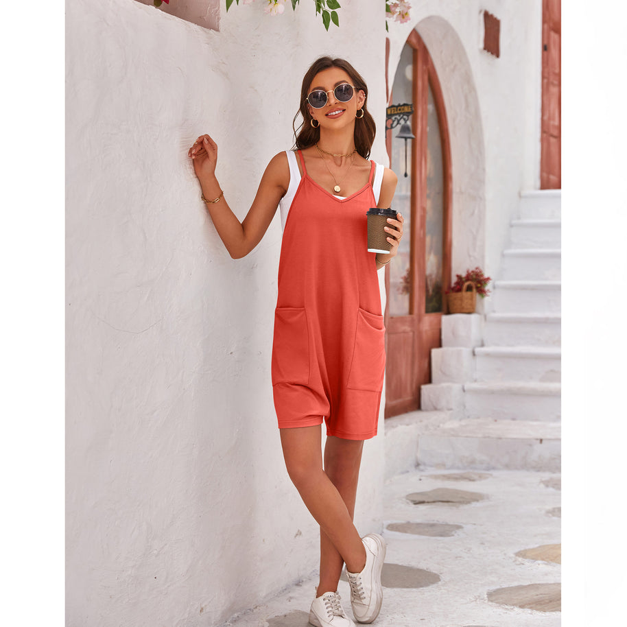 Damen komfortabler Overall mit tiefem Ausschnitt und praktischen Taschen WW