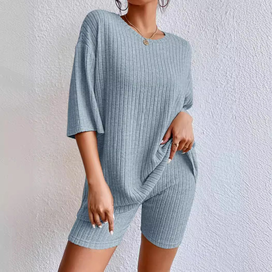 Damen komfortables Kurzarm Set mit Rippstrick und relaxed Schnitt WW