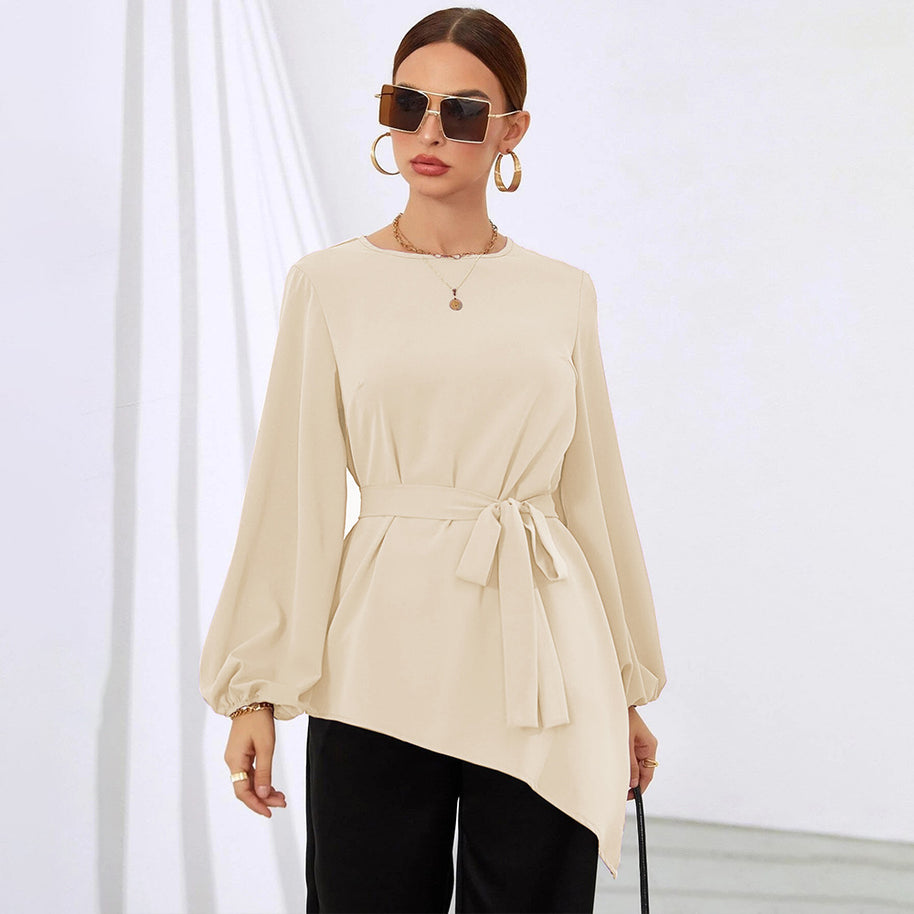 Damen asymmetrisches Blusenoberteil mit eleganten Rüschen und modischem Taillengürtel W&W