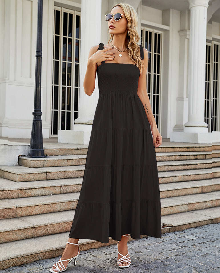 Damen Bodenlanges Rüschen-Maxikleid mit schulterfreiem Schnitt und fließendem Material WW