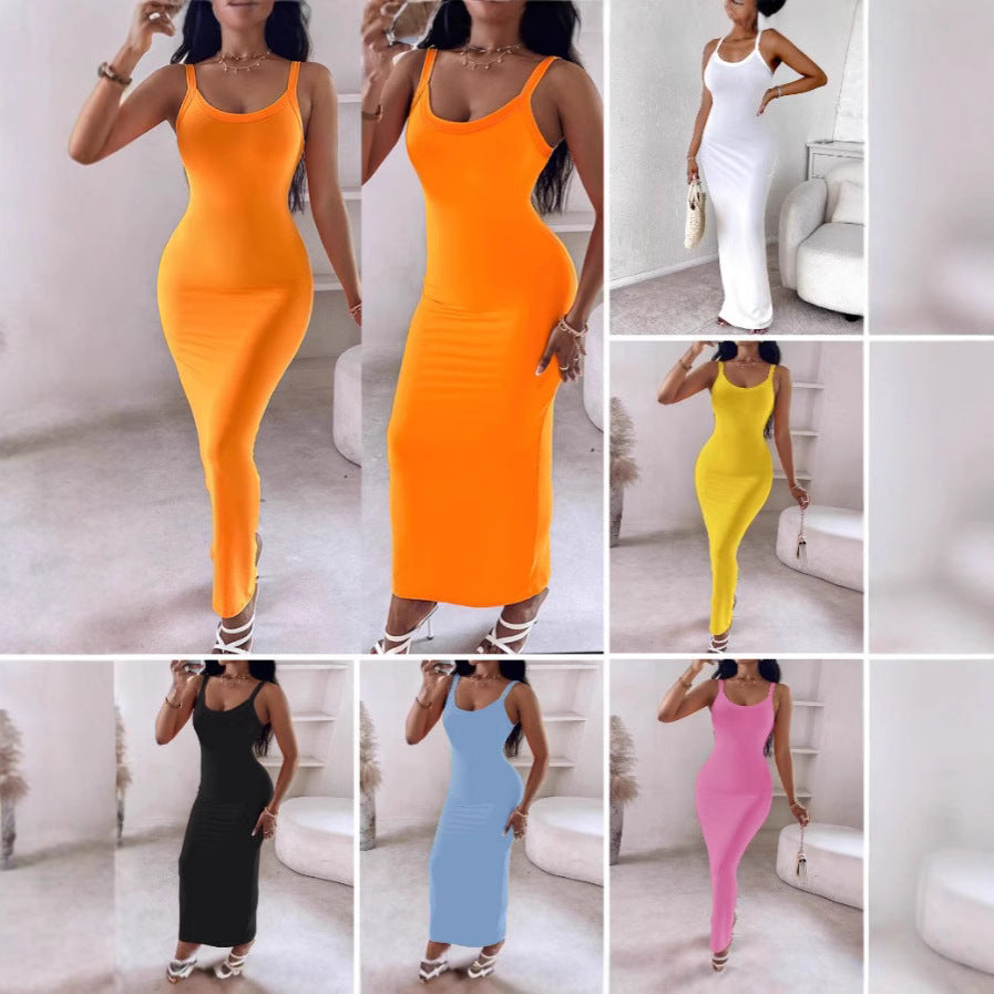 Damen figurbetontes Maxikleid mit schmalen Trägern und raffiniertem Schnitt WW