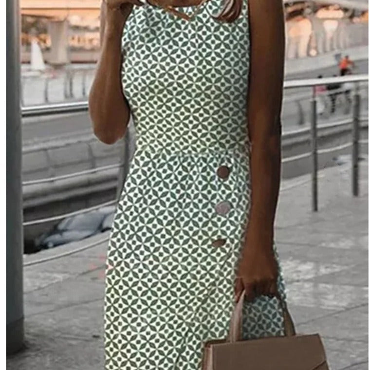 WW | Ärmelloses bedrucktes grünes Knopf-Casual-Kleid