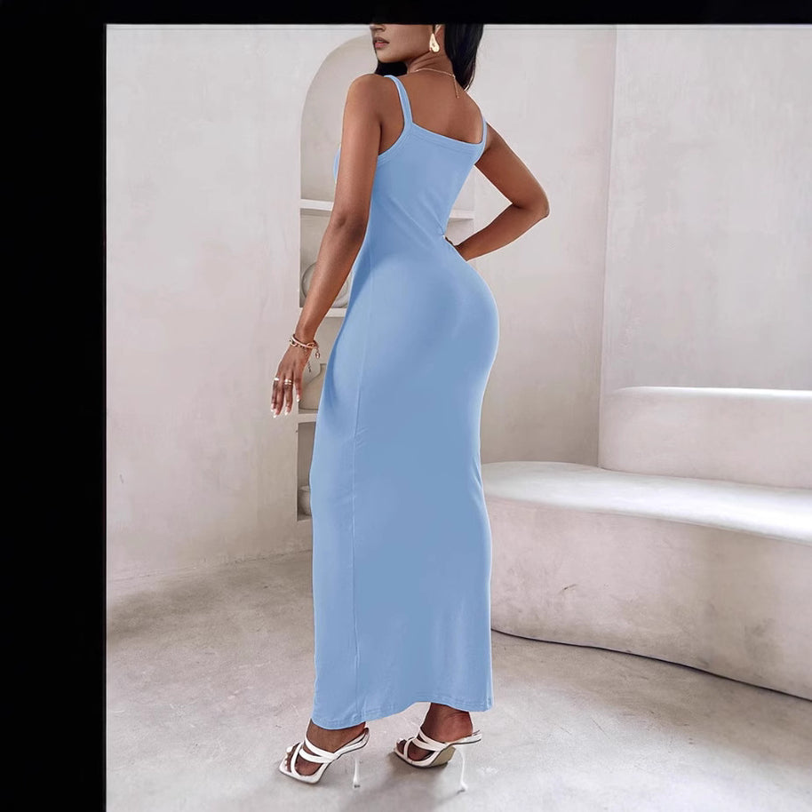 Damen figurbetontes Maxikleid mit schmalen Trägern und raffiniertem Schnitt WW