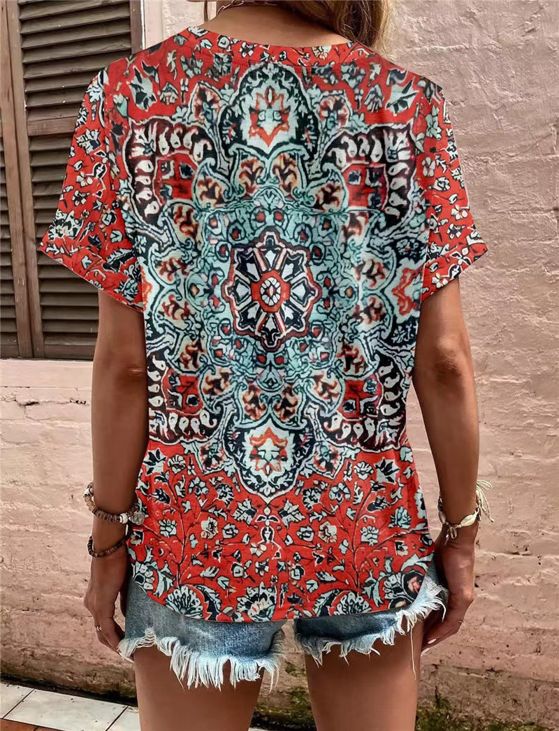 Damen Kurzarm Bluse mit dekorativem Musterdruck und knöpfbarem Ausschnitt WW