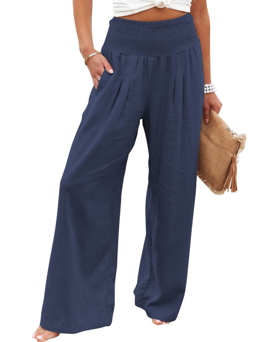 Damen Weite Leinenhose mit elastischem Bund und Falten WW
