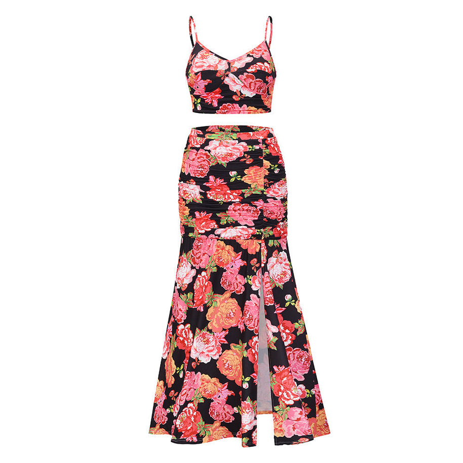WW | Spaghetti-Träger Ohne Ärmel Crop Top Hohes Slitz Langer Rock Set