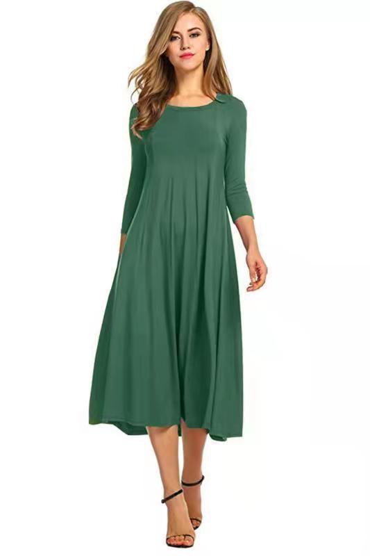 WW | Quadrat-Ausschnitt 3/4-Lange Uni-Farbe Midi-Kleid