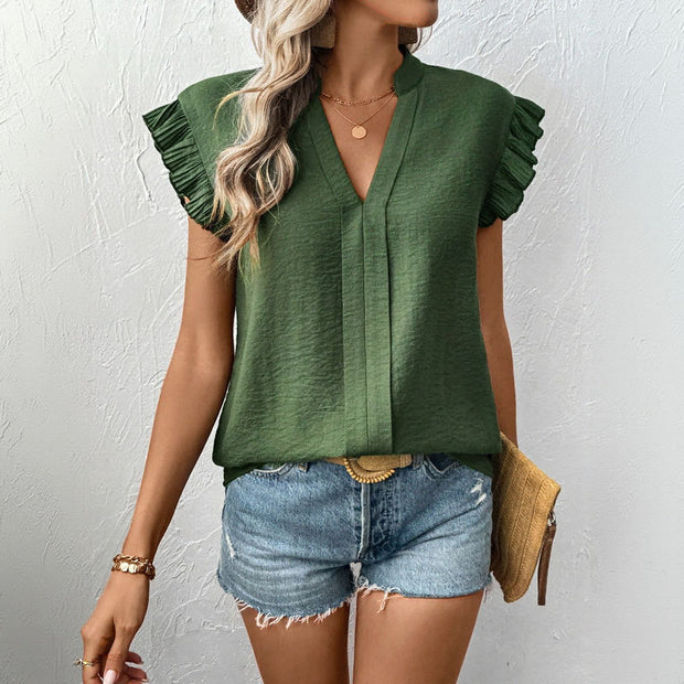 Damen Bluse mit voluminösen Rüschenärmel und eleganter V-Ausschnitt WW