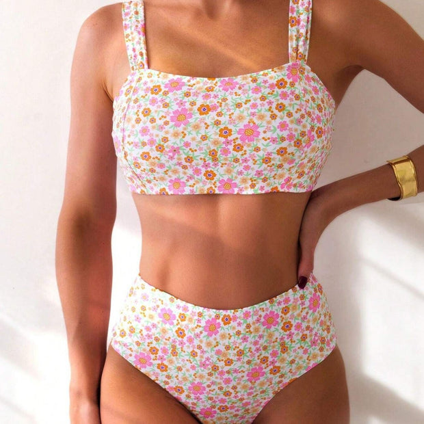 WW | Damen Hoch tailliertes Bikini-Set mit floralen Mustern und breiten Trägern