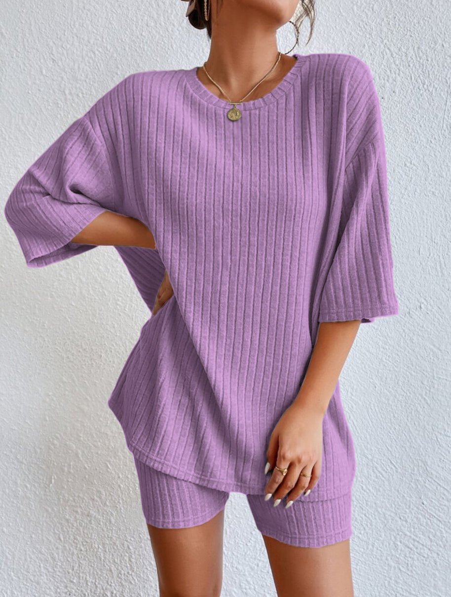Damen komfortables Kurzarm Set mit Rippstrick und relaxed Schnitt WW