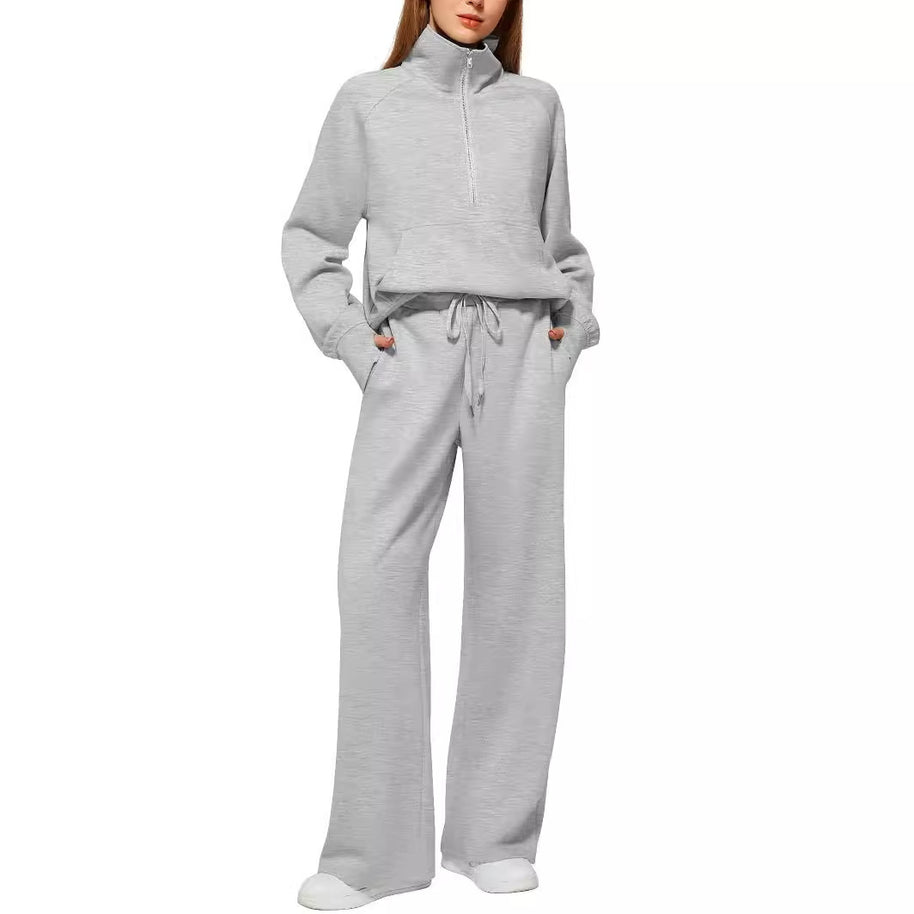 Damen Sportliches Loungewear-Set mit hohem Kragen und weiten Beinen WW