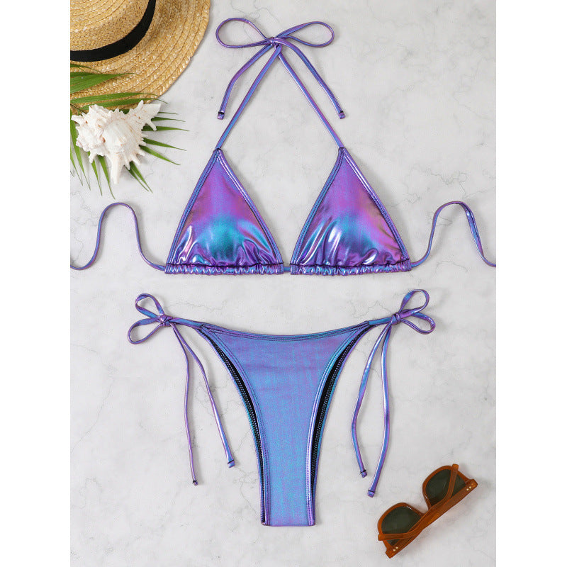 Damen Triangel-Bikini mit funkelndem Metallic-Finish und verstellbaren Bändern WW
