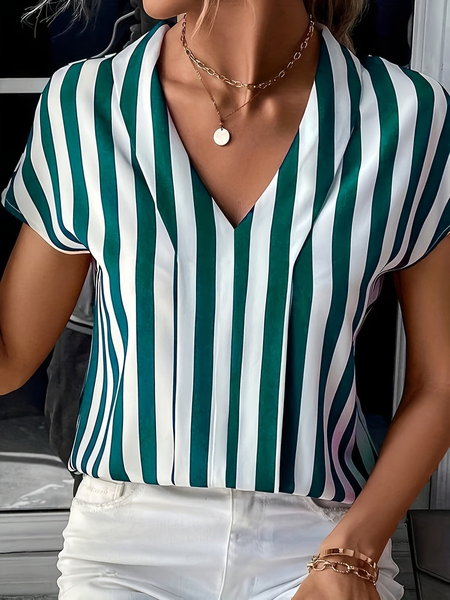 Damen Bluse im elegant gestreiften Design mit modernem V-Ausschnitt und kurzen Ärmeln WW