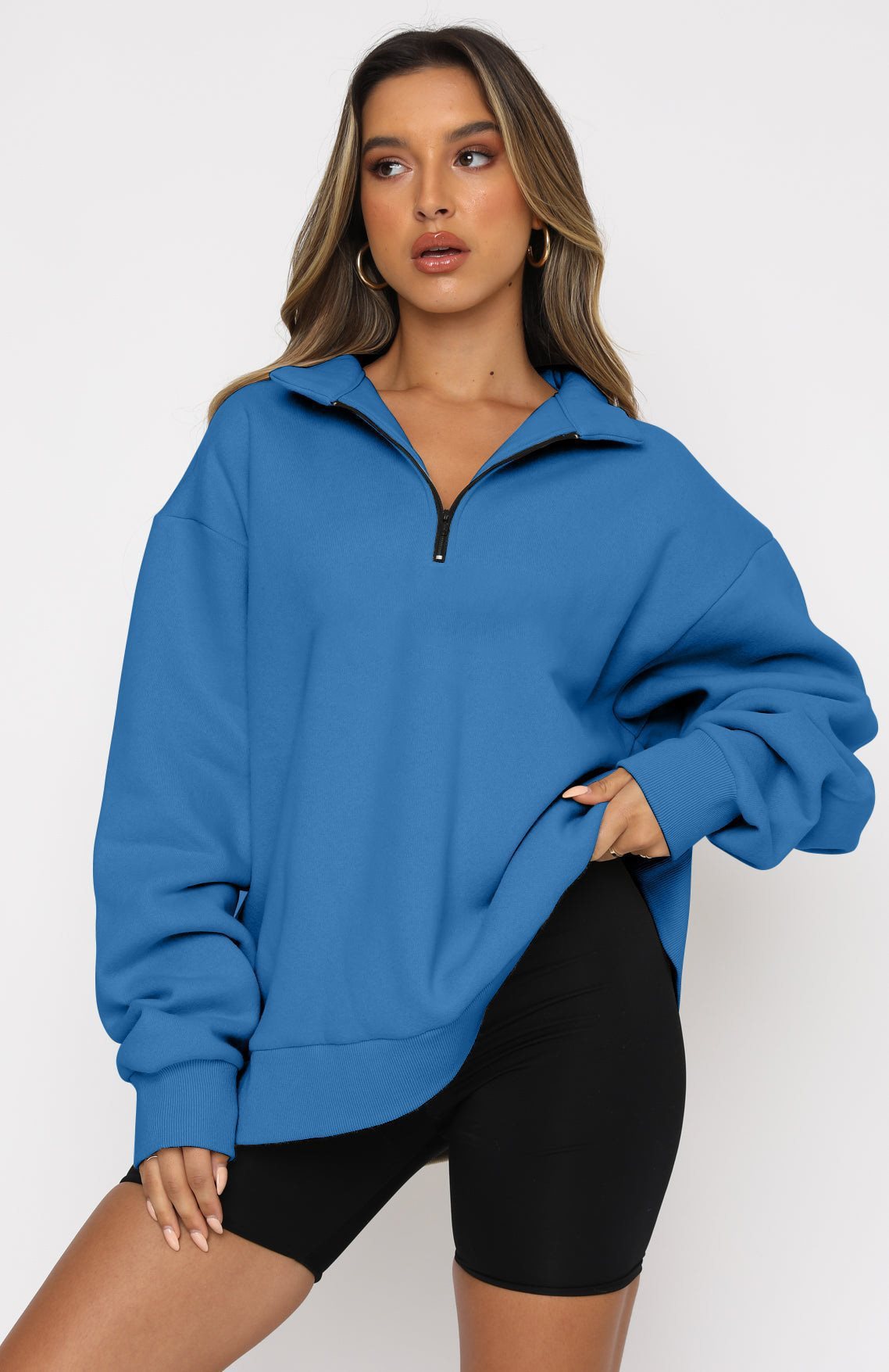 Damen Sportlicher Sweater mit Halbreißverschluss und oversized Passform WW