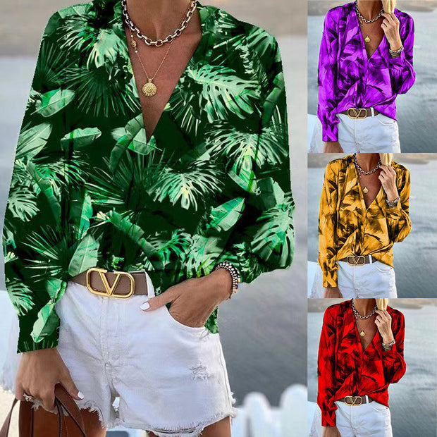 Damen Bluse mit floralem Muster und tiefem V-Ausschnitt WW