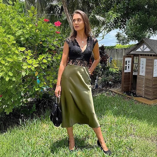 Damen eleganter Midi-Rock aus satinierter Viskose mit fließendem Fall WW