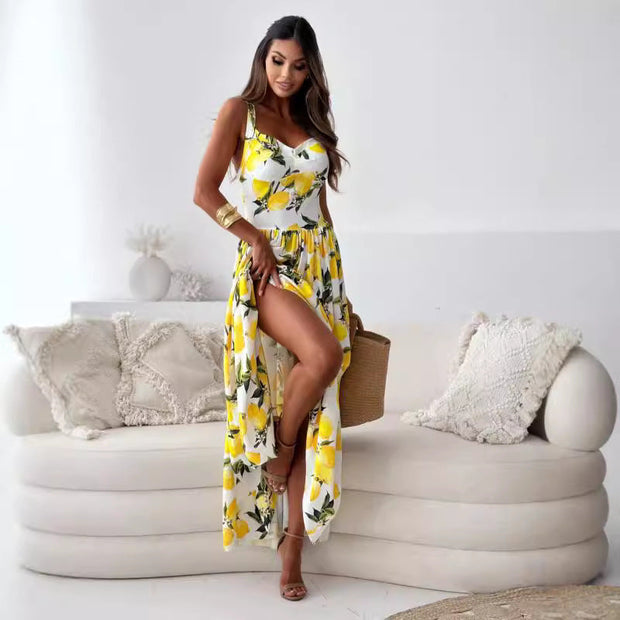 WW | Bedrucktes Elastisches Taillenloses Statement Maxi Kleid
