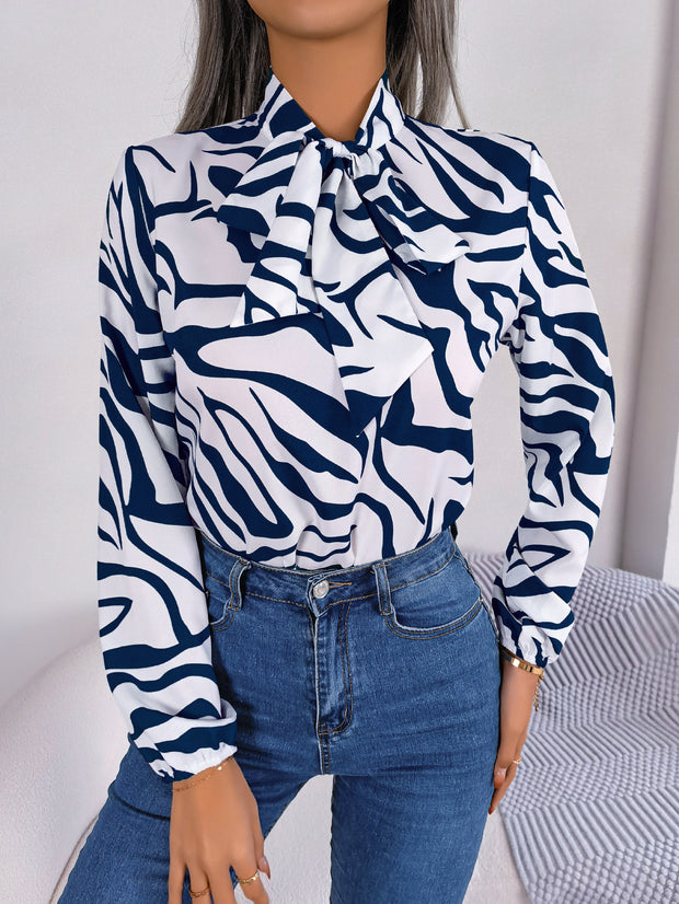 Damen Bluse mit modischem Zebra-Muster und elegantem Schleifenkragen WW