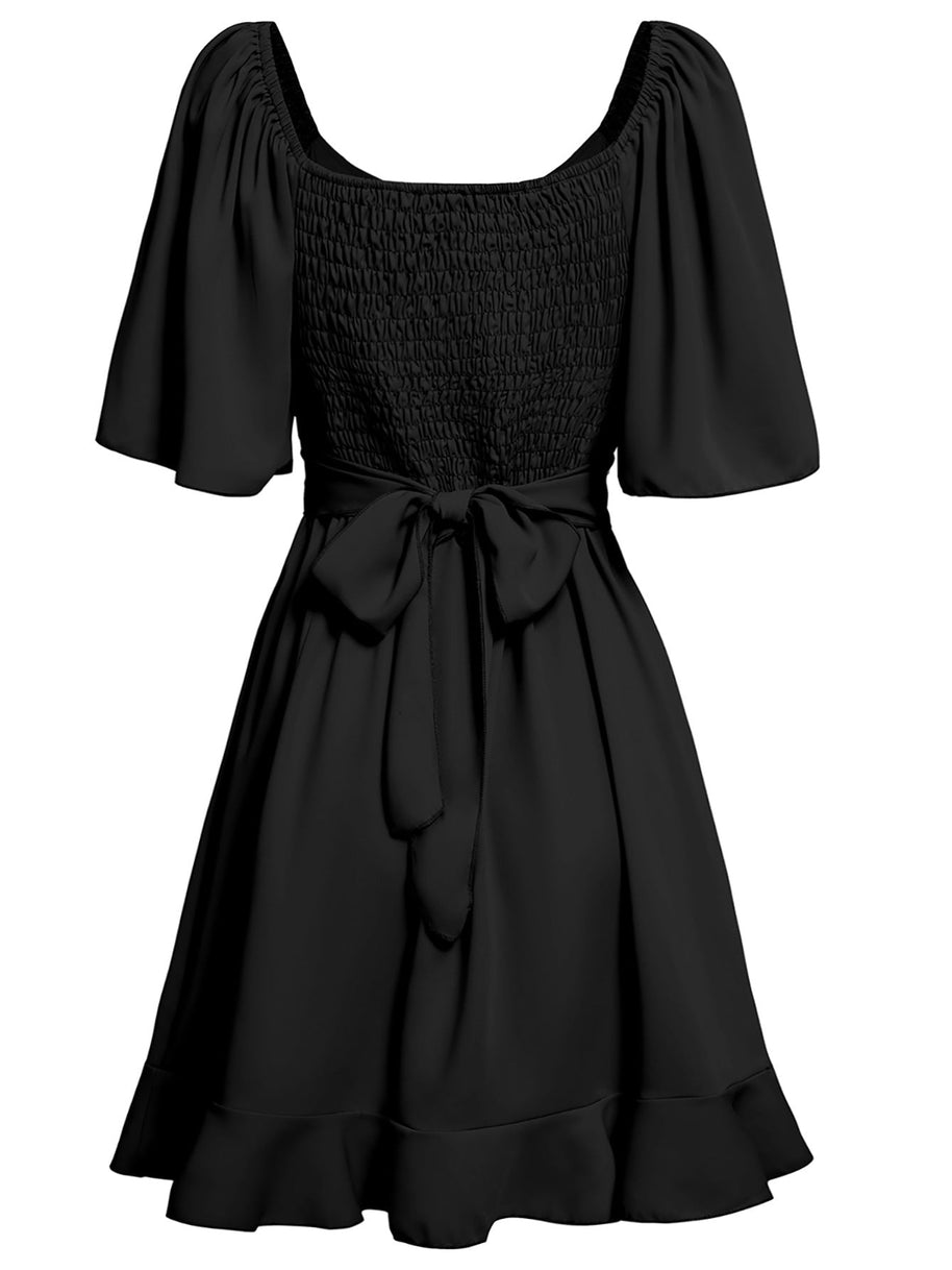 WW | Lässiges Kreuz V-Ausschnitt Kurzarm Wickel Einfarbig Mini Kleid