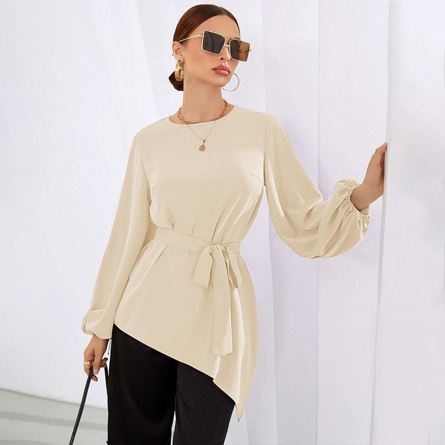 Damen asymmetrisches Blusenoberteil mit eleganten Rüschen und modischem Taillengürtel W&W