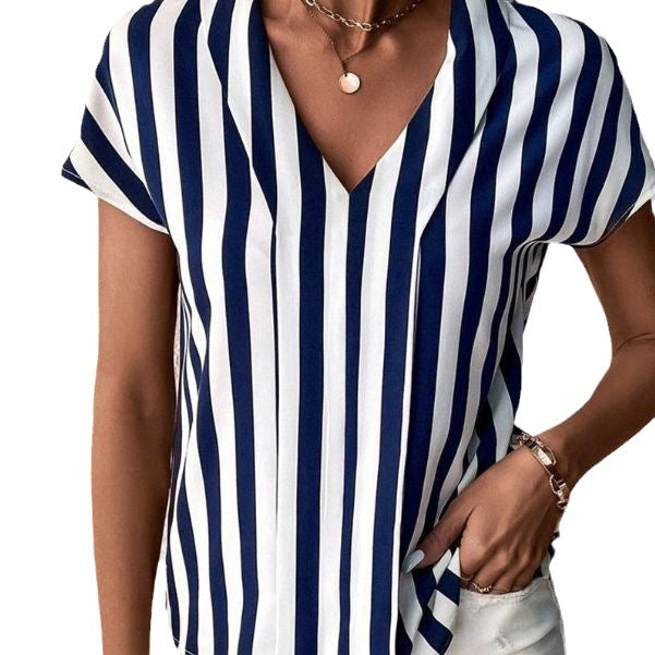 Damen Bluse im elegant gestreiften Design mit modernem V-Ausschnitt und kurzen Ärmeln WW