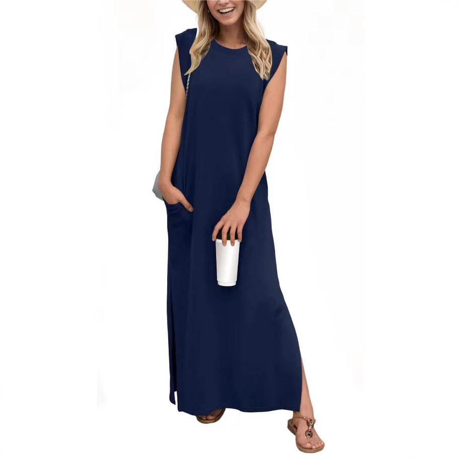 Damen elegantes Maxikleid mit schlichter Silhouette und lässigen Ärmeln WW
