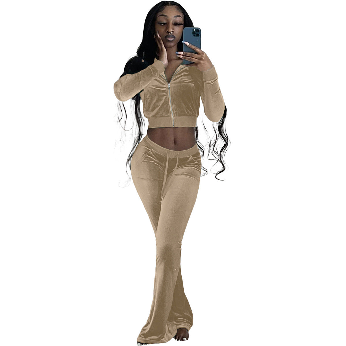 Damen Velours Tracksuit mit Zip-Front und weit geschnittener Hose WW