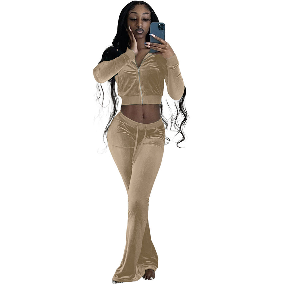 Damen Velours Tracksuit mit Zip-Front und weit geschnittener Hose WW