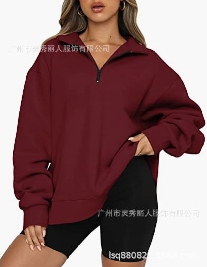 Damen Sportlicher Sweater mit Halbreißverschluss und oversized Passform WW